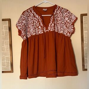 J.Marie Orange/ White Oversized Embroidered Short Sleeve Shirt (Blouse) Size M
